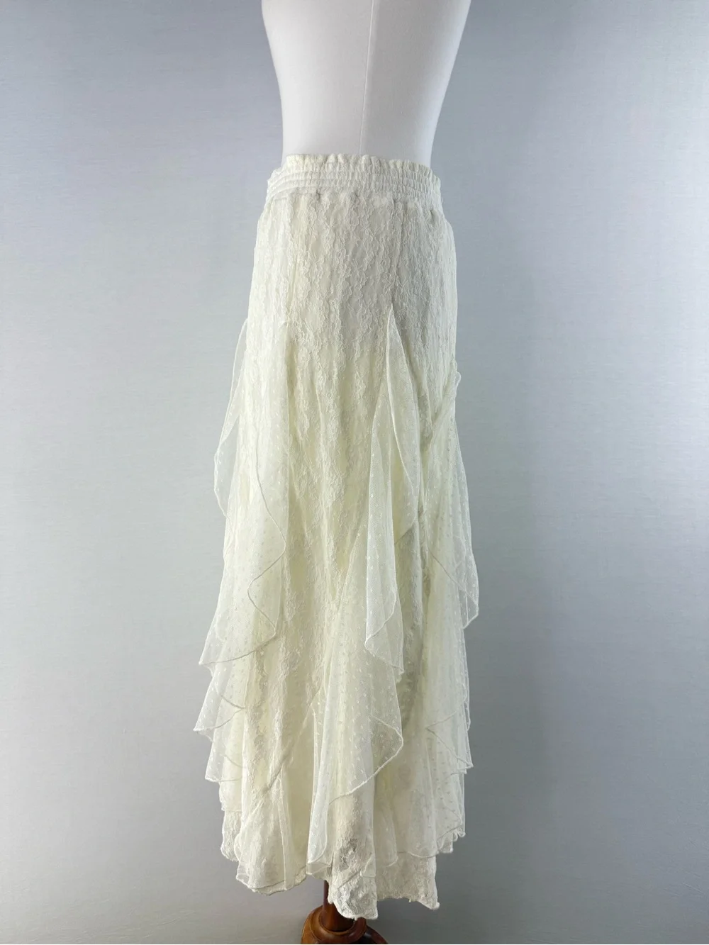 Lucky Brand Festival Ivory Lace Ruffle Elastic Waist Pull On Midi Skirt